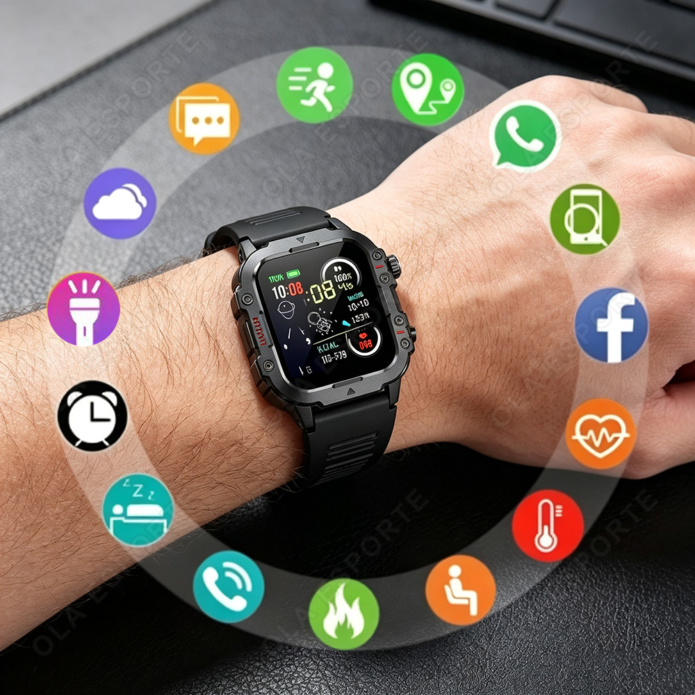 Smartwatch Rugged Watches For Men - 2026 ラギッドミリタリースマートウォッチメンズアウトドアウォッチ LED 懐中電灯 1.44 ''HD