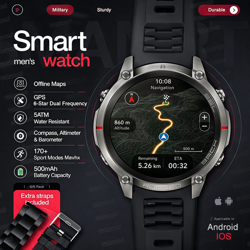 Smartwatch Rugged Watches For Men - 新しい頑丈な軍事 GPS オフラインマップスマートウォッチ屋外ナビゲーションスポーツトラッカーコンパス 5ATM 防水水泳ダイブウォッチ男性