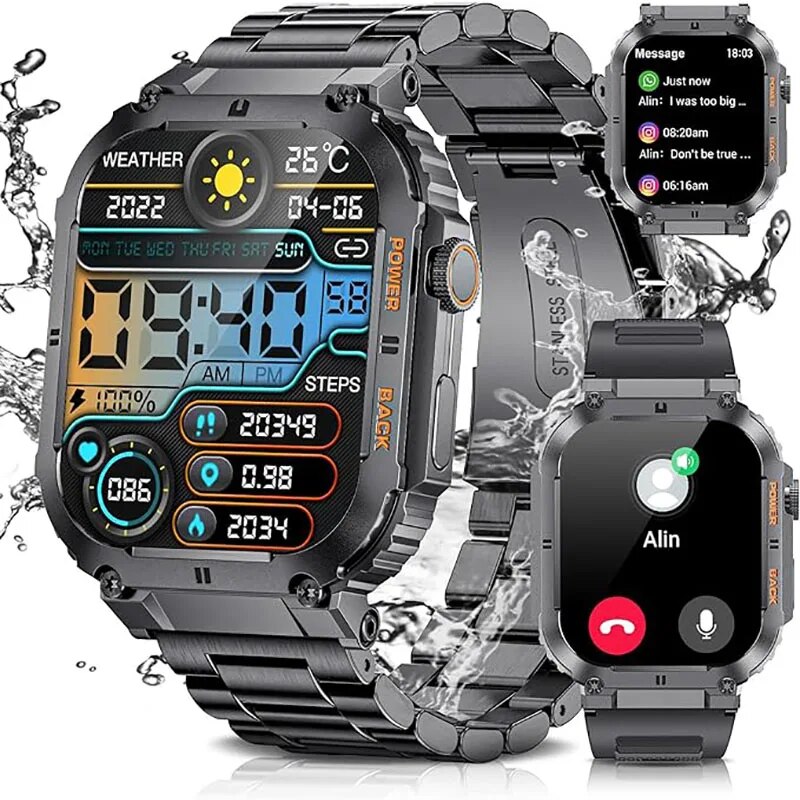 Smartwatch Watches For Mens - Lige-男性用アウトドアスポーツフィットネススマートウォッチ、1.96インチスクリーン、Bluetooth通話、防水ウォッチ、血中酸素